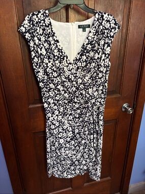 Lauren Ralph Lauren Navy and White Floral Faux-Wrap Midi Dress